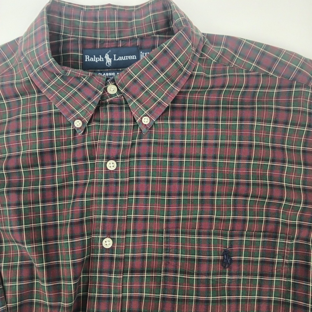 Ralph Lauren Classic Fit Plaid Button Down Shirt Mens XL Burgundy Green Long Slv